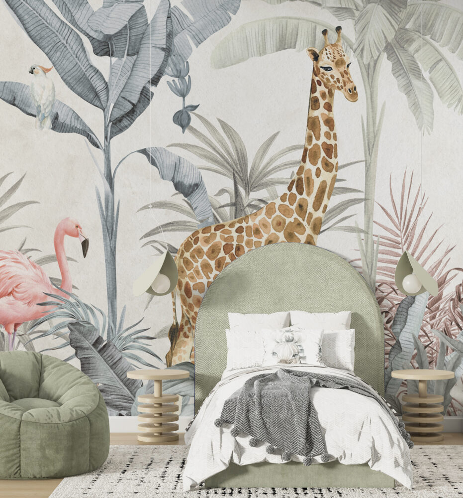 Pastel Giraffe Jungle Wallpaper : Soft Tropical Animals Mural - View 5