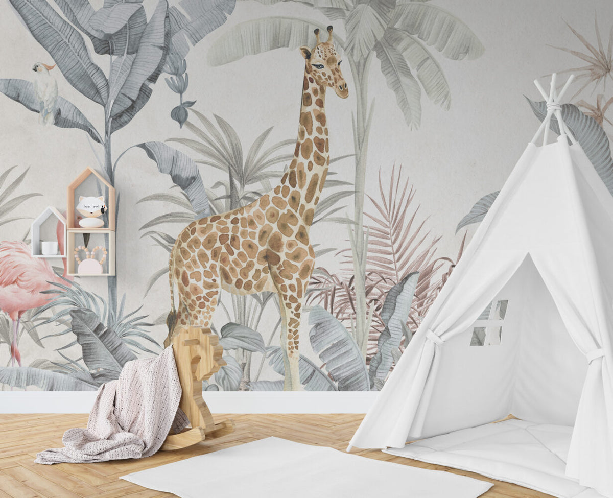 Pastel Giraffe Jungle Wallpaper : Soft Tropical Animals Mural