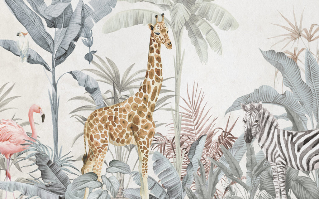 Pastel Giraffe Jungle Wallpaper : Soft Tropical Animals Mural - View 2