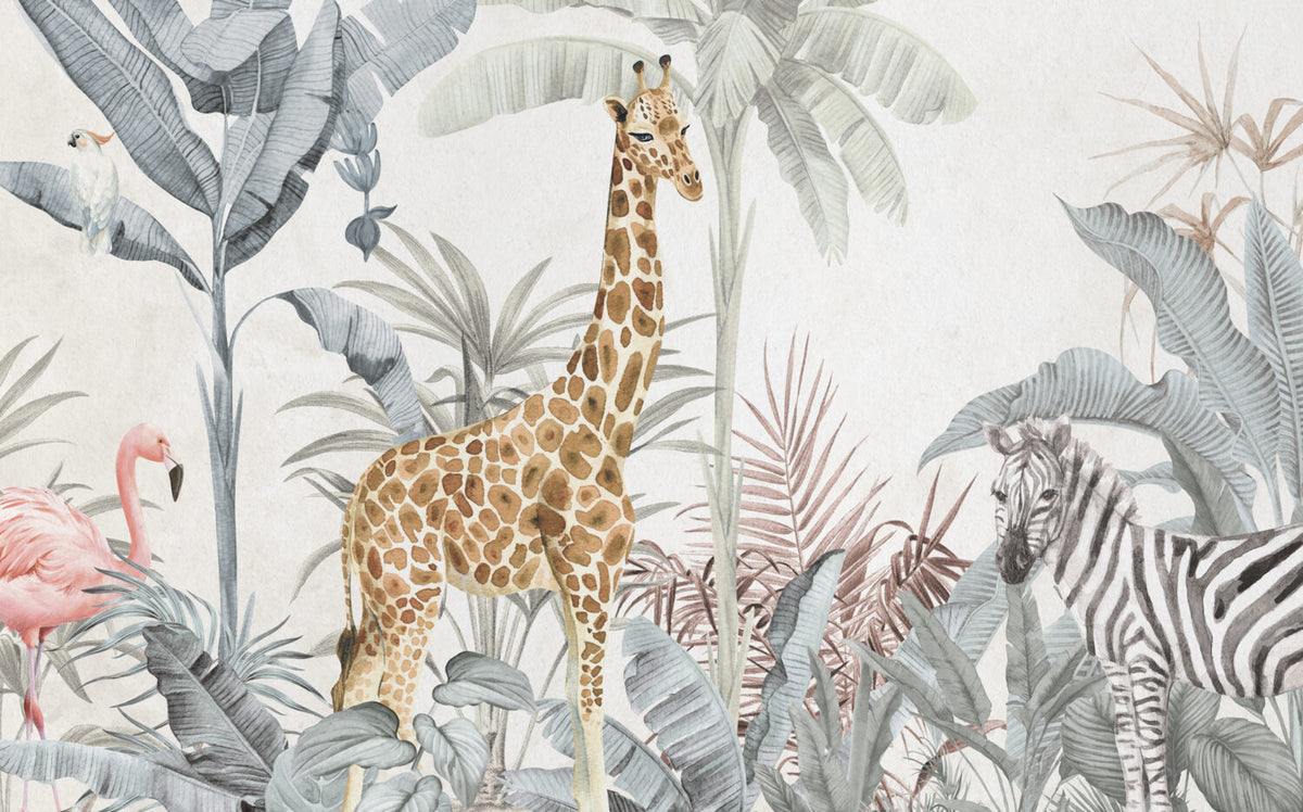 Pastel Giraffe Jungle Wallpaper : Soft Tropical Animals Mural - View 2