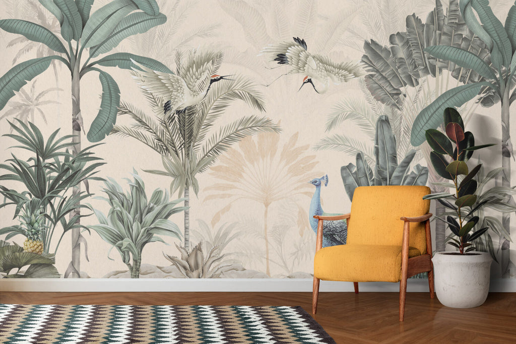 Cream Tropical Birds Wallpaper : Soft Palm Leaves Mural - View 6