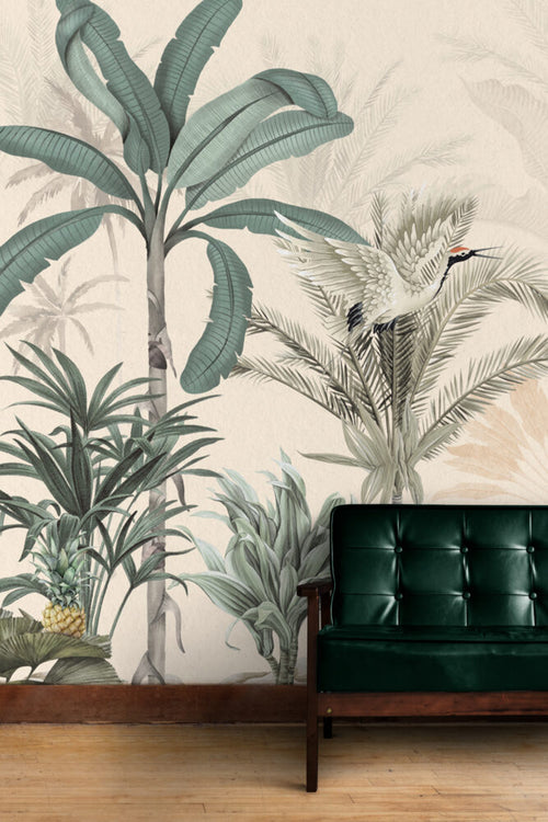 Cream Tropical Birds Wallpaper : Soft Palm Leaves Mural