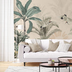 Cream Tropical Birds Wallpaper : Soft Palm Leaves Mural - View 3