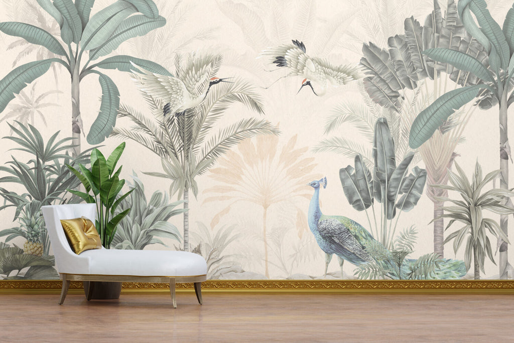 Cream Tropical Birds Wallpaper : Soft Palm Leaves Mural - View 4
