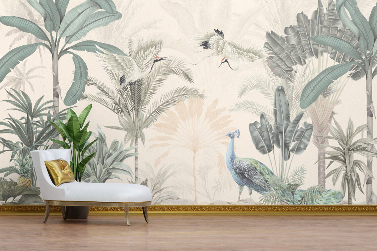 Cream Tropical Birds Wallpaper : Soft Palm Leaves Mural - View 4