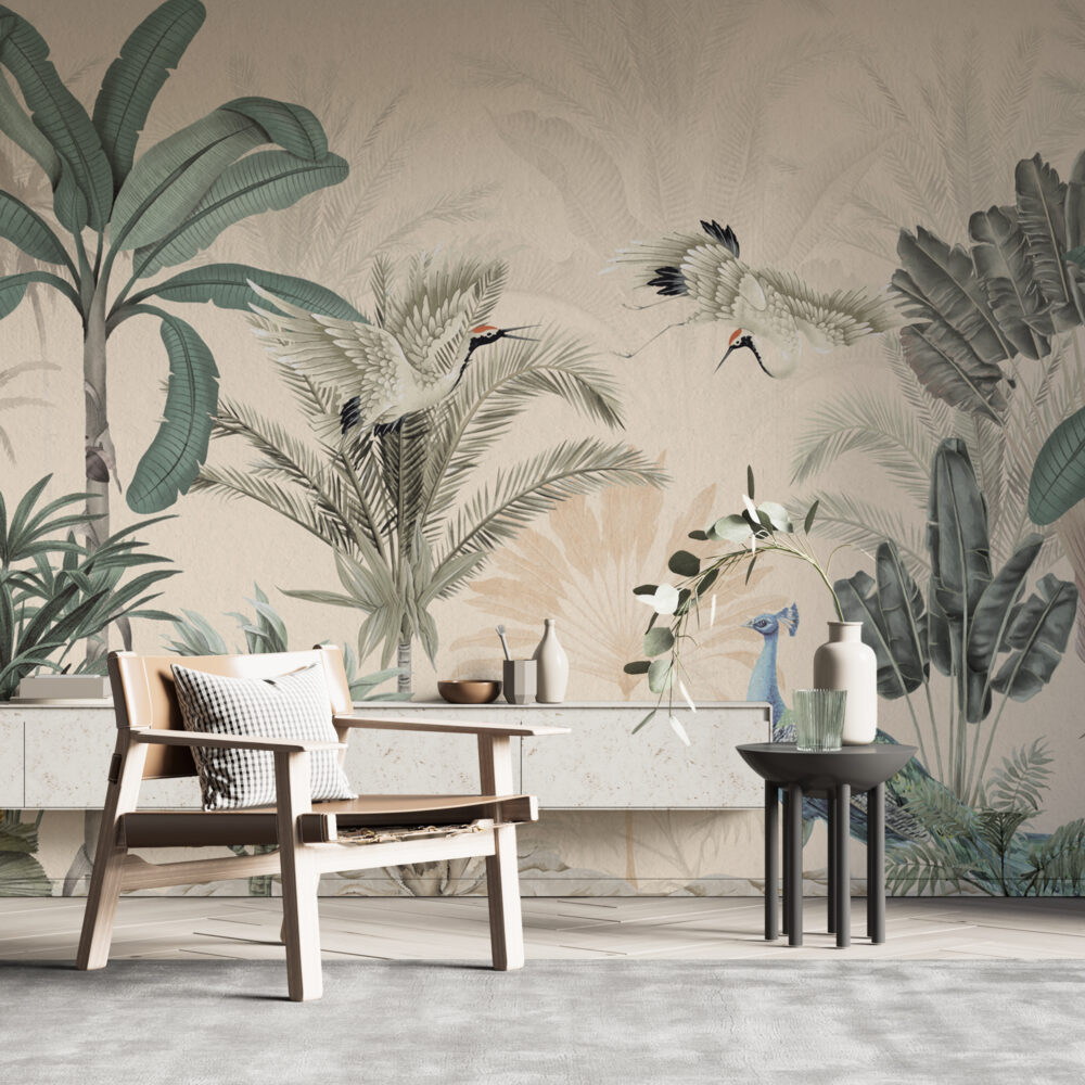 Cream Tropical Birds Wallpaper : Soft Palm Leaves Mural - View 5
