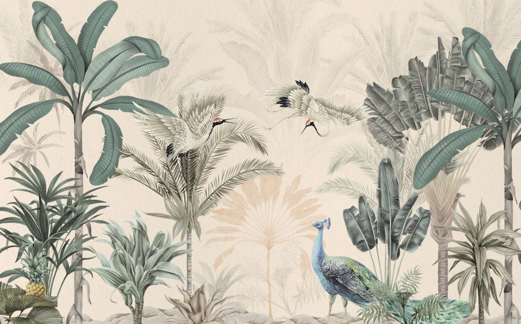 Cream Tropical Birds Wallpaper : Soft Palm Leaves Mural - View 2