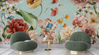Watercolor Rose Garden Wallpaper : Aqua Floral Mural - View 6