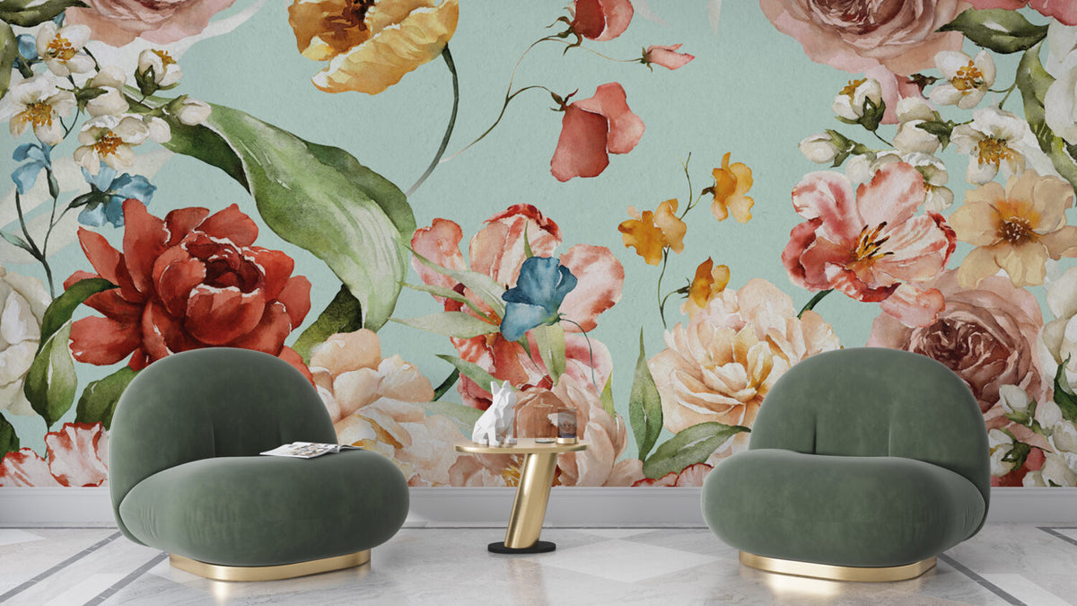 Watercolor Rose Garden Wallpaper : Aqua Floral Mural - View 6