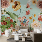 Watercolor Rose Garden Wallpaper : Aqua Floral Mural
