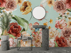 Watercolor Rose Garden Wallpaper : Aqua Floral Mural - View 3