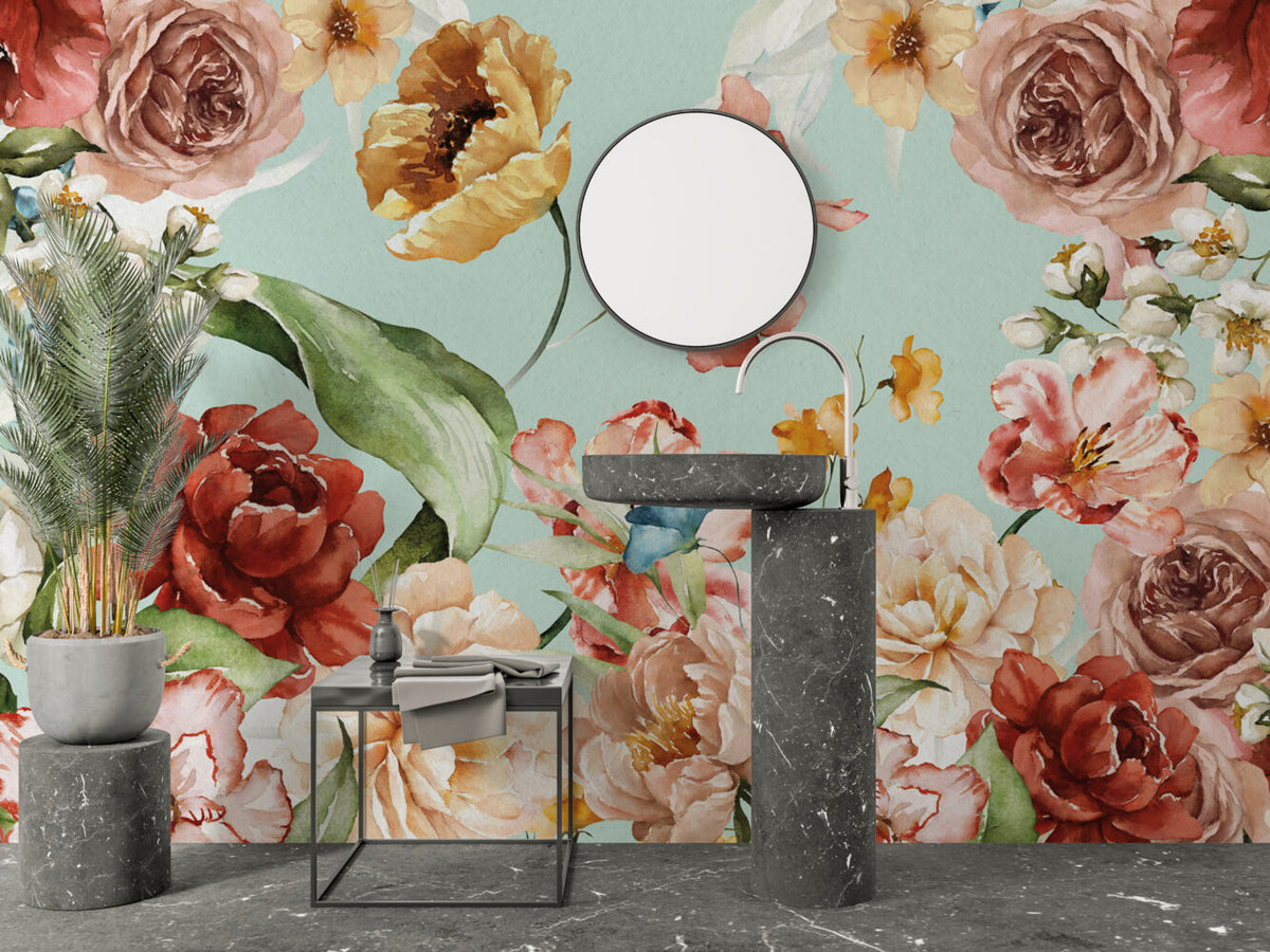 Watercolor Rose Garden Wallpaper : Aqua Floral Mural - View 3