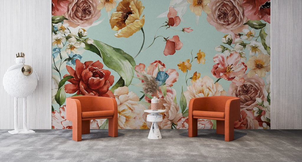 Watercolor Rose Garden Wallpaper : Aqua Floral Mural - View 4