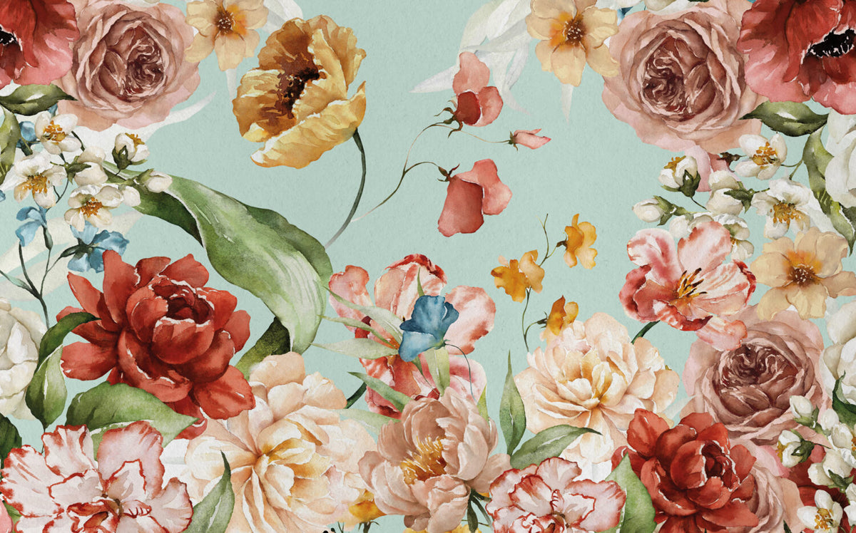 Watercolor Rose Garden Wallpaper : Aqua Floral Mural - View 2