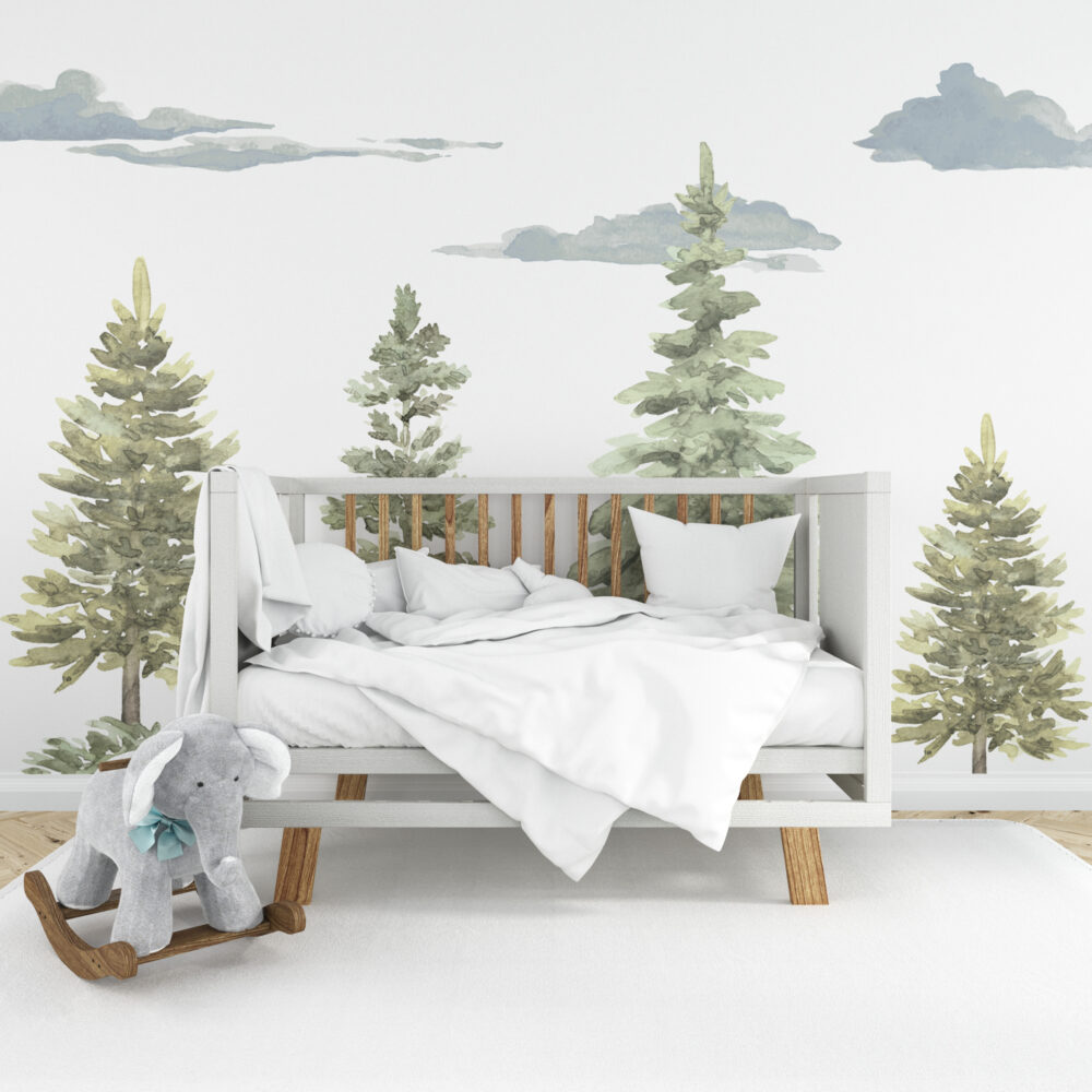 Watercolor Pine Tree Wallpaper : Soft Forest Kids Mural - View 5