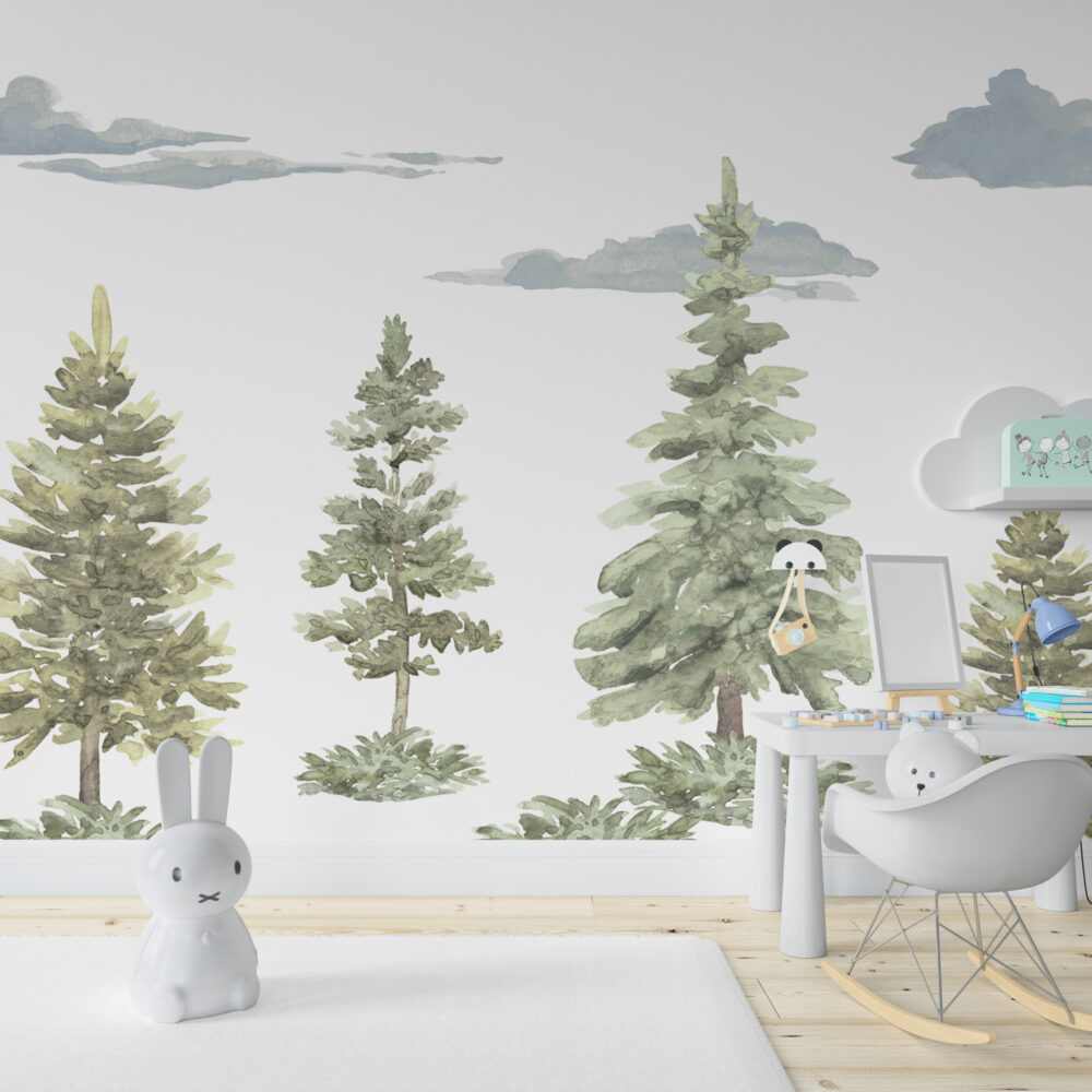 Watercolor Pine Tree Wallpaper : Soft Forest Kids Mural - View 6