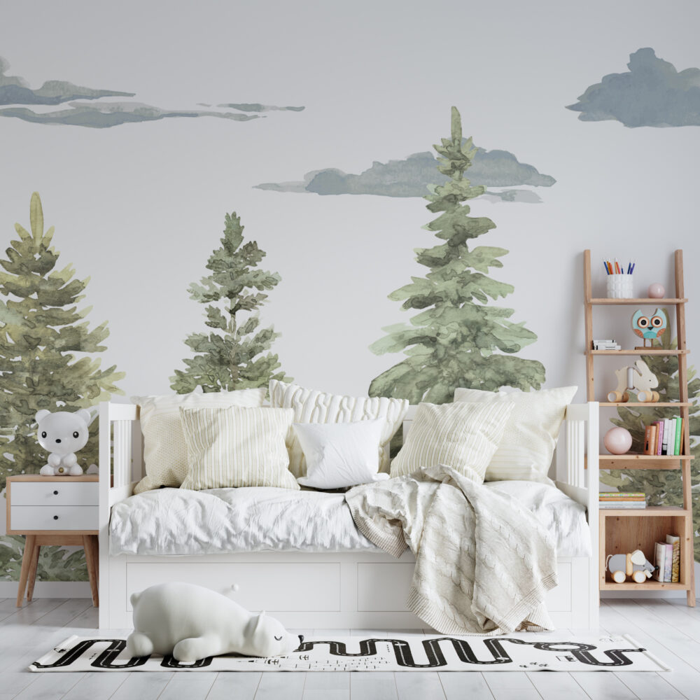 Watercolor Pine Tree Wallpaper : Soft Forest Kids Mural