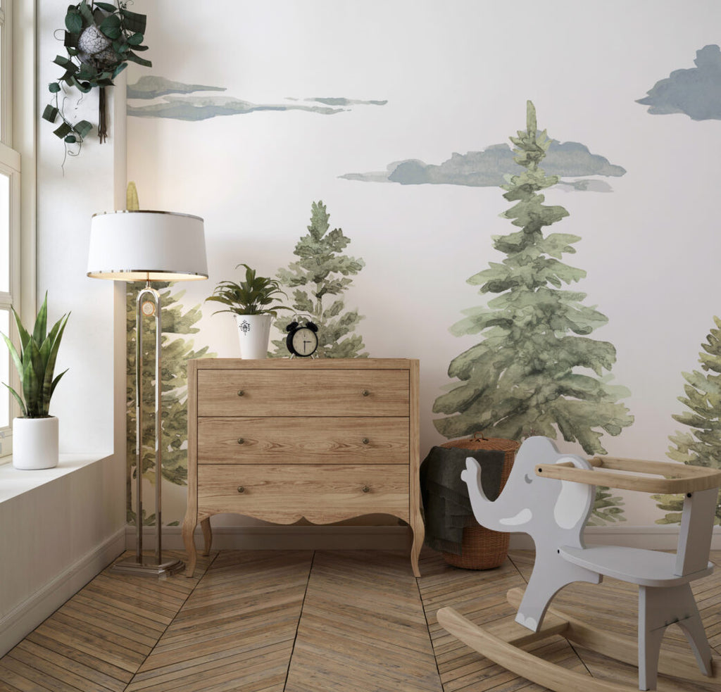 Watercolor Pine Tree Wallpaper : Soft Forest Kids Mural - View 3