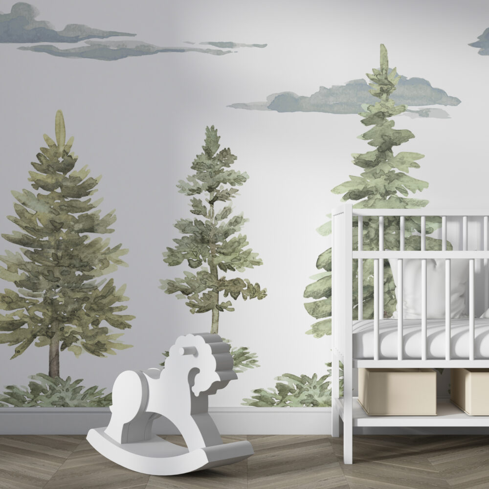 Watercolor Pine Tree Wallpaper : Soft Forest Kids Mural - View 4