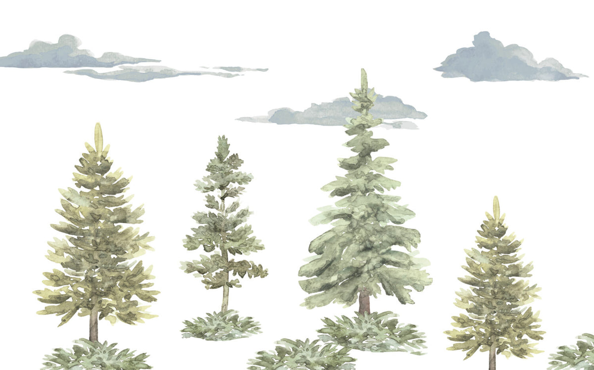 Watercolor Pine Tree Wallpaper : Soft Forest Kids Mural - View 2