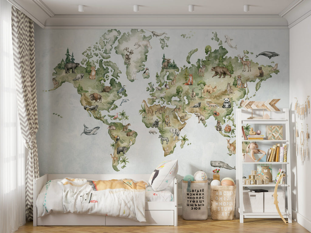 Watercolor Animal World Map Wallpaper : Safari Continents Mural - View 3