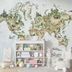 Watercolor Animal World Map Wallpaper : Safari Continents Mural - View 4