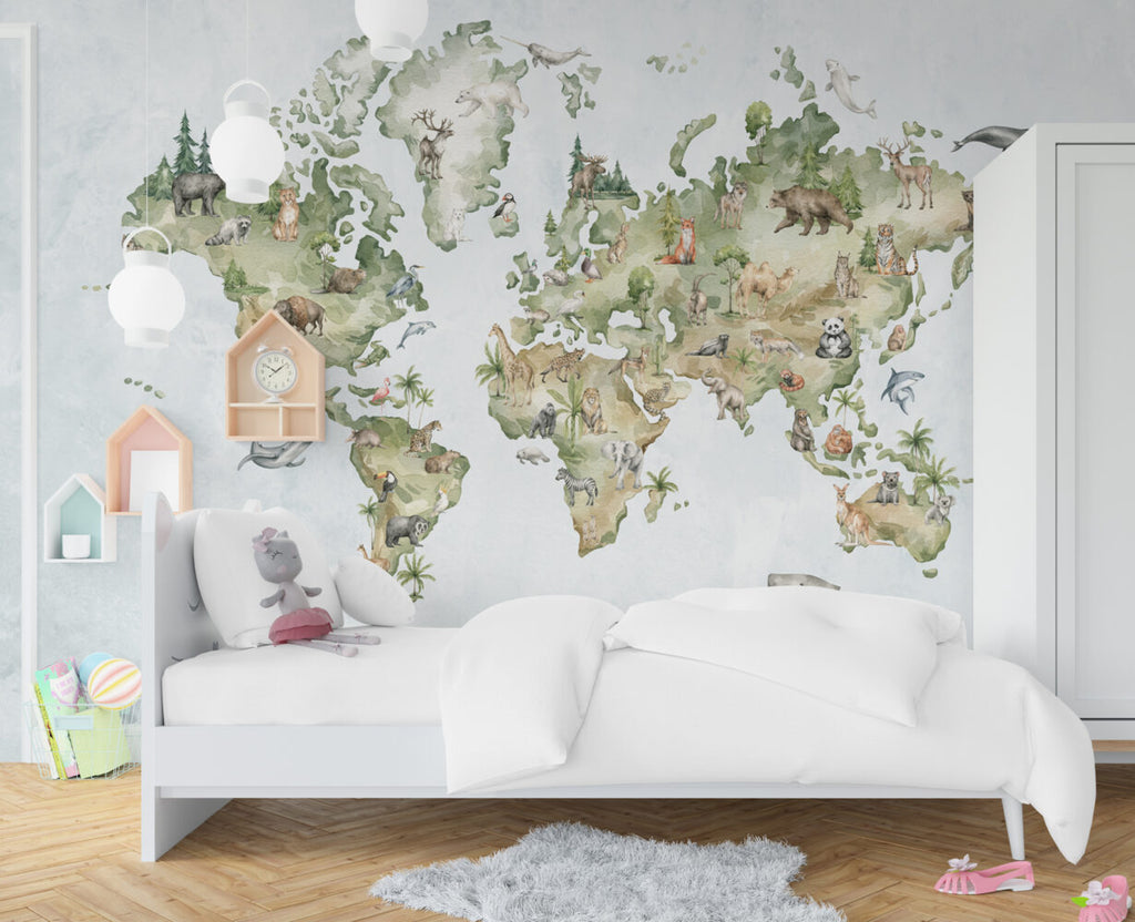 Watercolor Animal World Map Wallpaper : Safari Continents Mural - View 5