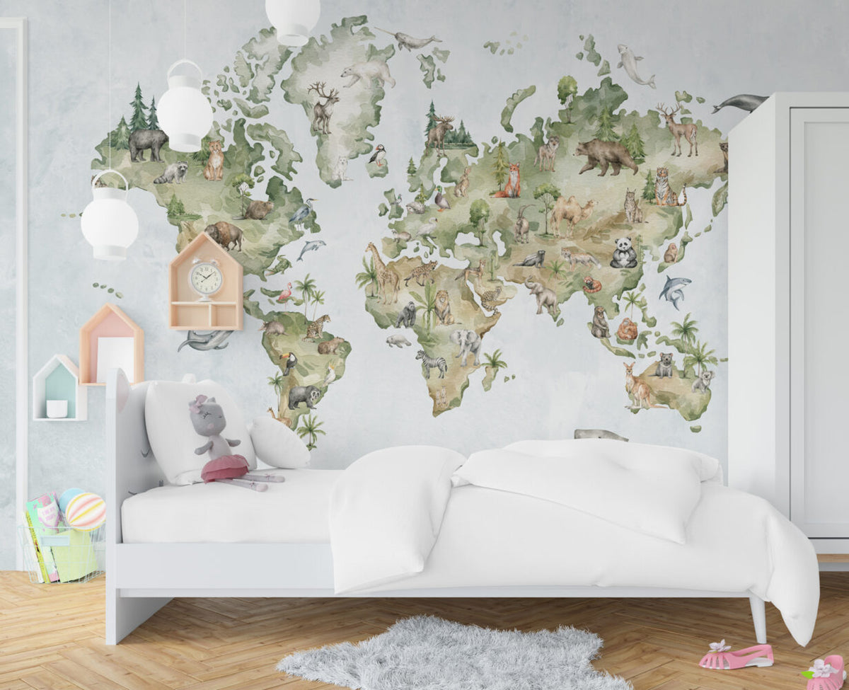 Watercolor Animal World Map Wallpaper : Safari Continents Mural - View 5