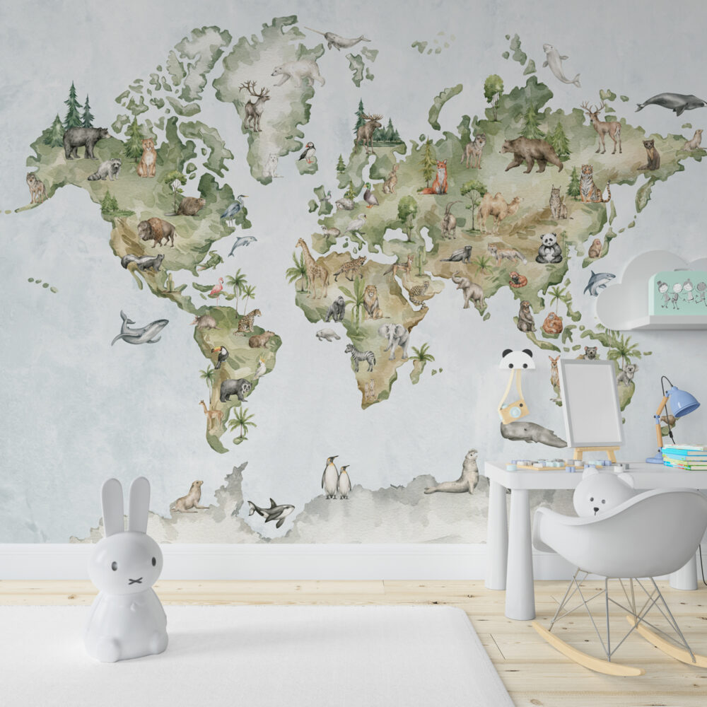 Watercolor Animal World Map Wallpaper : Safari Continents Mural - View 6