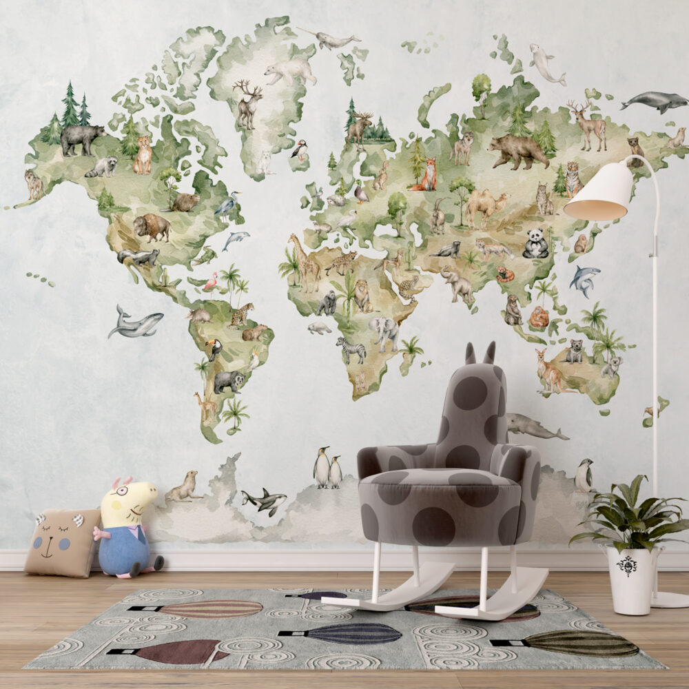 Watercolor Animal World Map Wallpaper : Safari Continents Mural