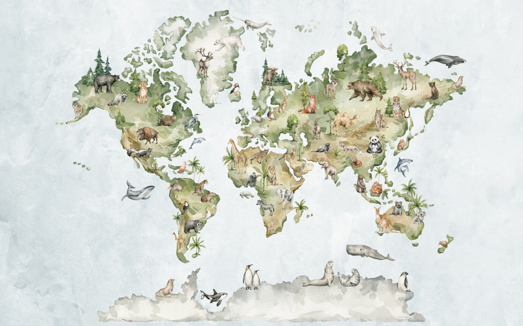 Watercolor Animal World Map Wallpaper : Safari Continents Mural - View 2