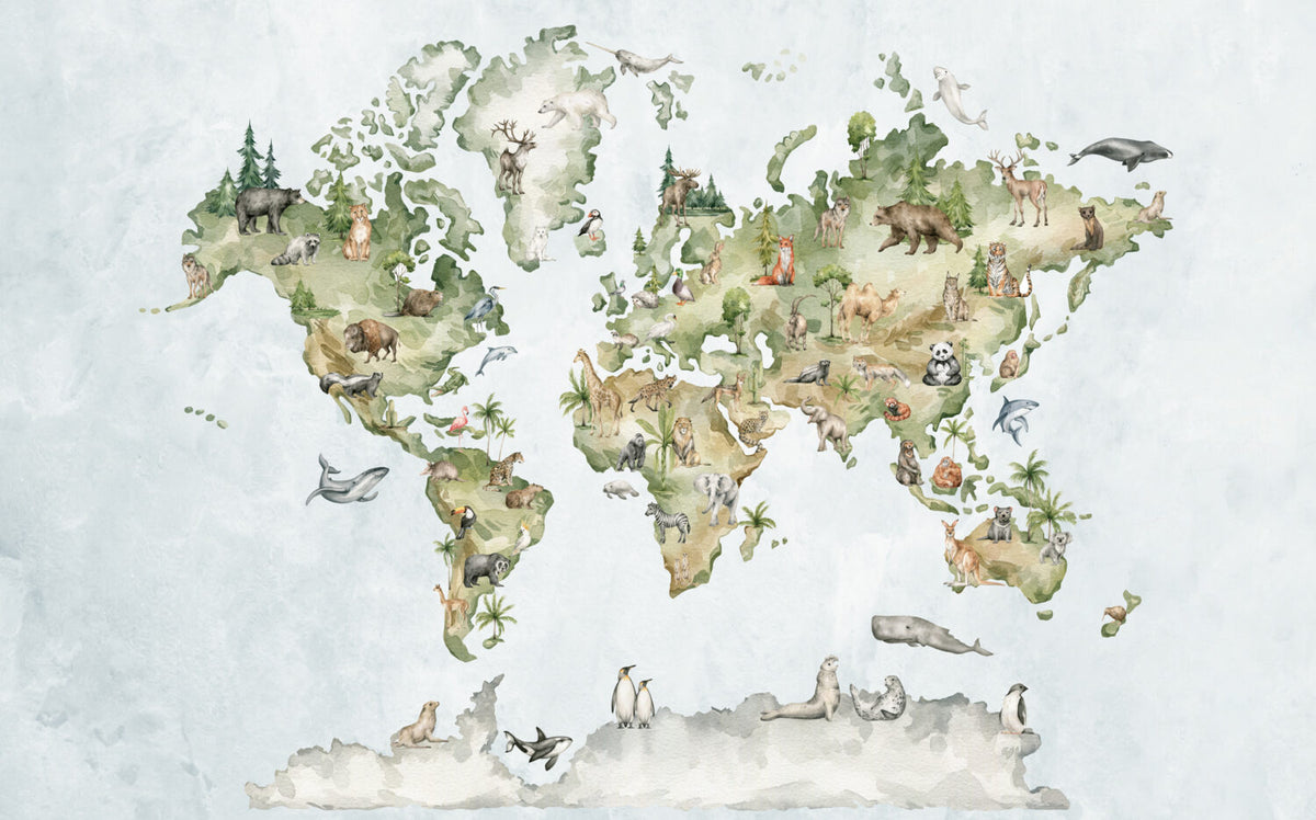 Watercolor Animal World Map Wallpaper : Safari Continents Mural - View 2