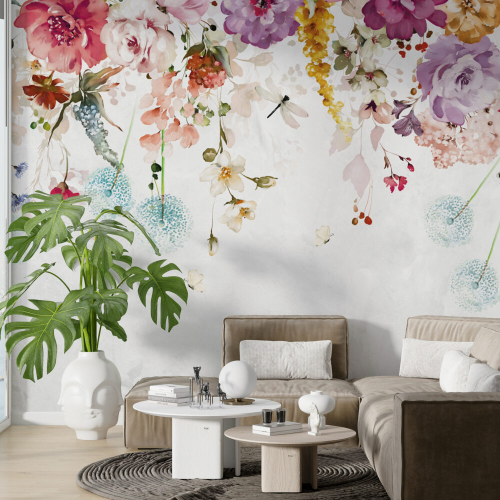 Floral Border Wallpaper : Colorful Roses And Blossoms Mural