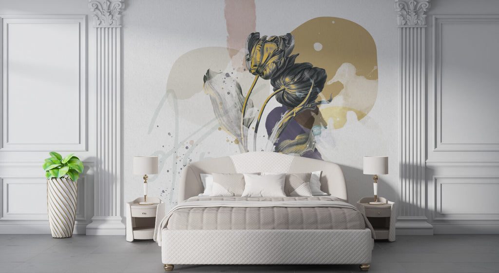 Abstract Slate Flower Wallpaper : Yellow And Purple Art Mural - View 3