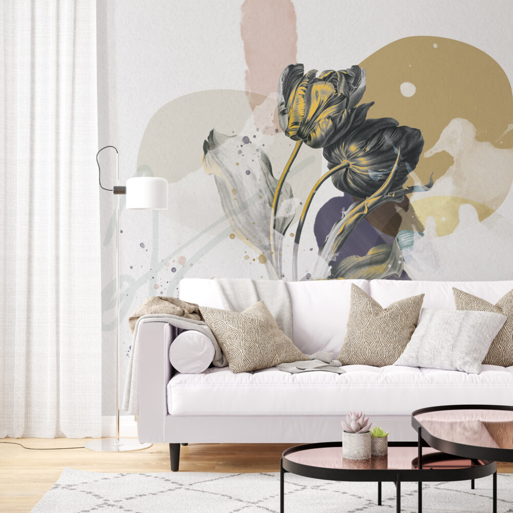 Abstract Slate Flower Wallpaper : Yellow And Purple Art Mural - View 4