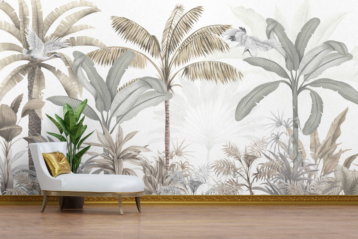 Sage Banana Tree Wallpaper : Neutral Tropical Forest Mural - View 6