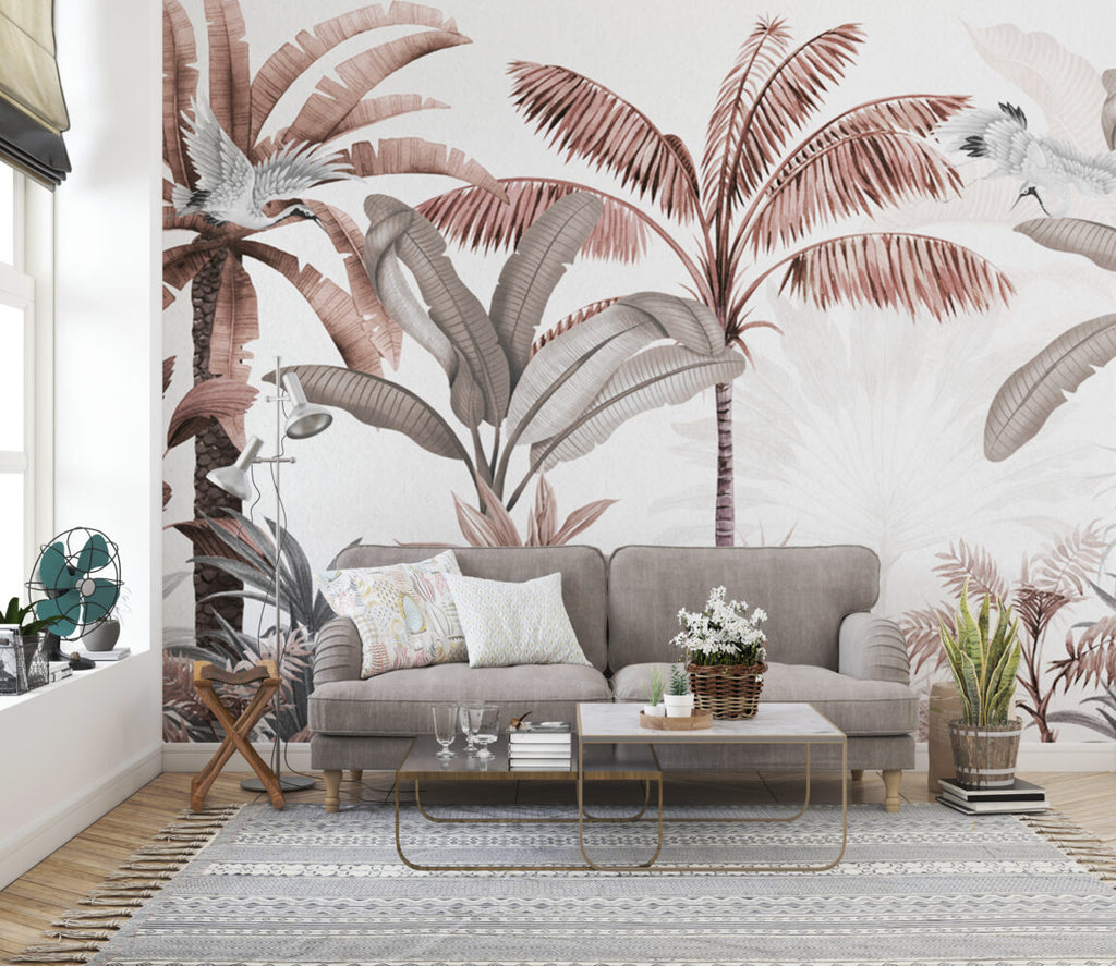 Blush Banana Tree Wallpaper : Pink Tropical Forest Mural - View 3