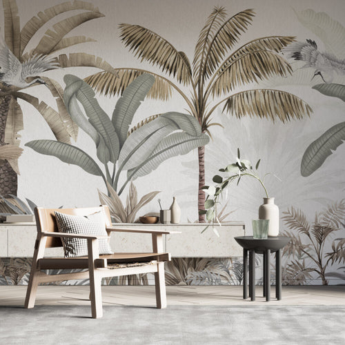 Sage Banana Tree Wallpaper : Neutral Tropical Forest Mural