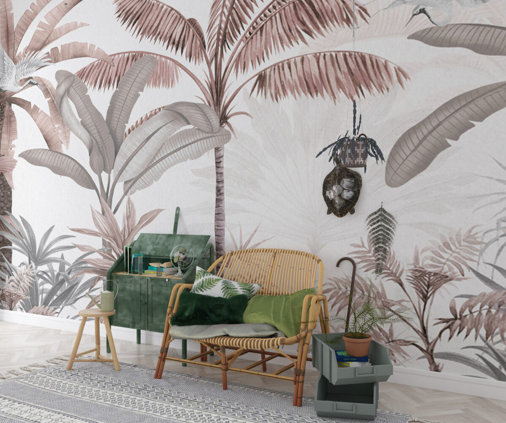 Blush Banana Tree Wallpaper : Pink Tropical Forest Mural - View 4