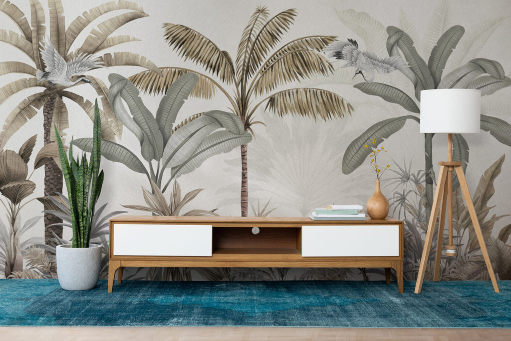 Sage Banana Tree Wallpaper : Neutral Tropical Forest Mural - View 3