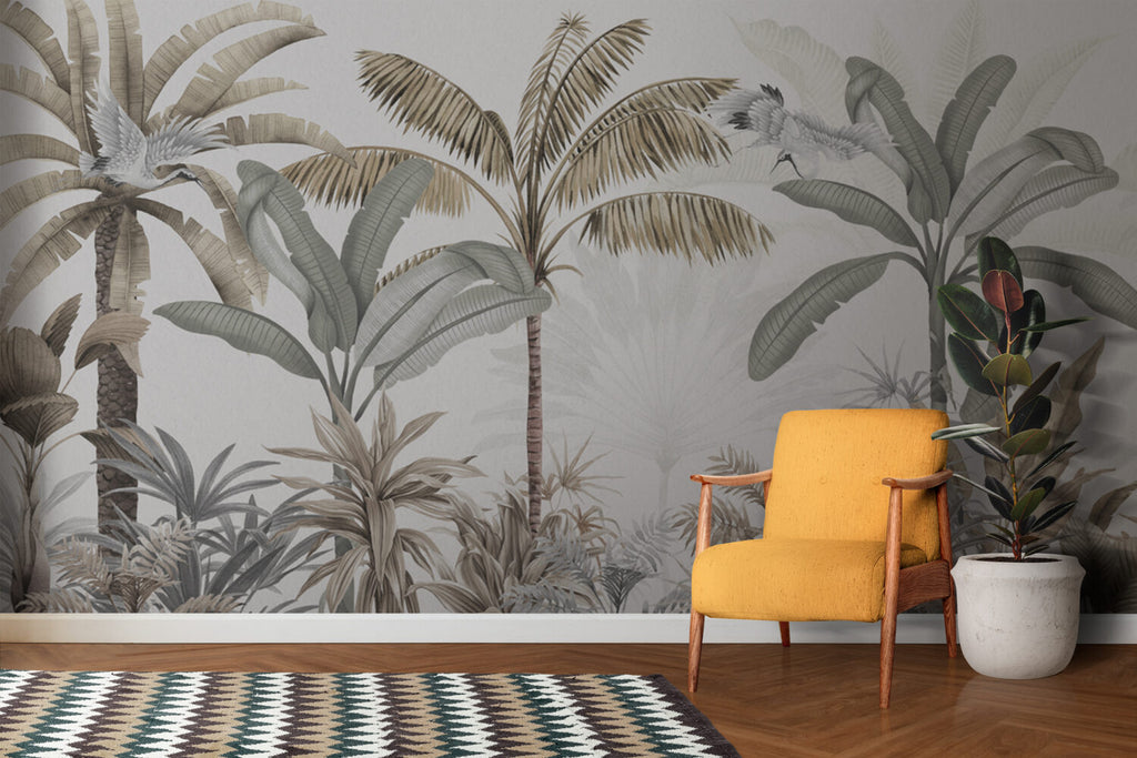 Sage Banana Tree Wallpaper : Neutral Tropical Forest Mural - View 4