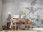 Faded Grey Iris Wallpaper : Distressed Plaster Floral Mural - View 6