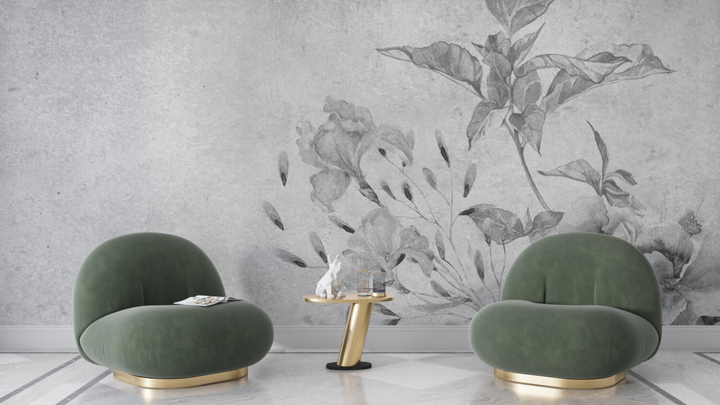 Faded Grey Iris Wallpaper : Distressed Plaster Floral Mural - View 3