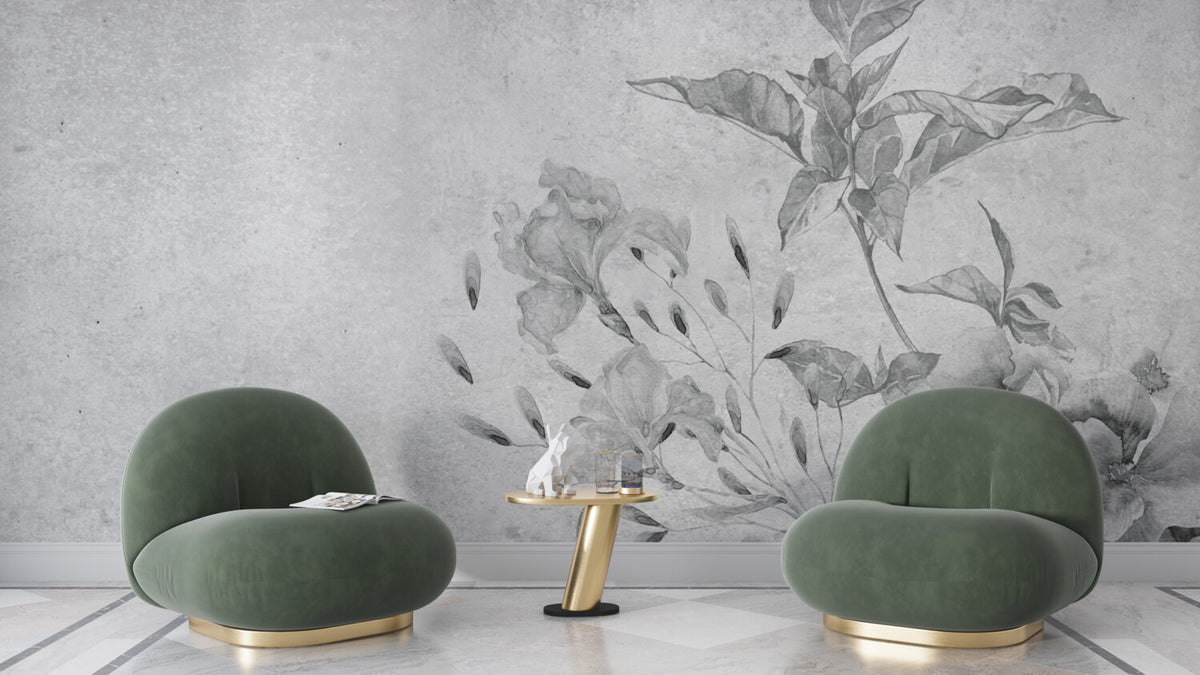 Faded Grey Iris Wallpaper : Distressed Plaster Floral Mural - View 3