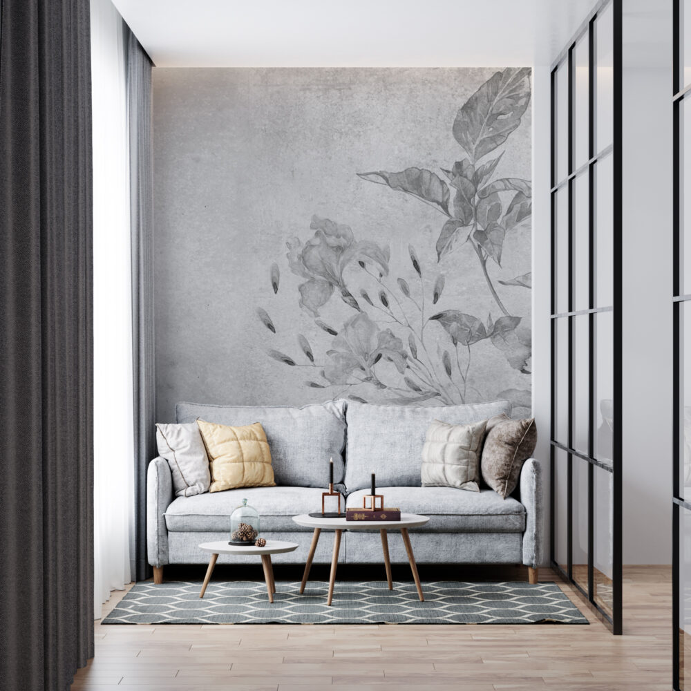 Faded Grey Iris Wallpaper : Distressed Plaster Floral Mural - View 4