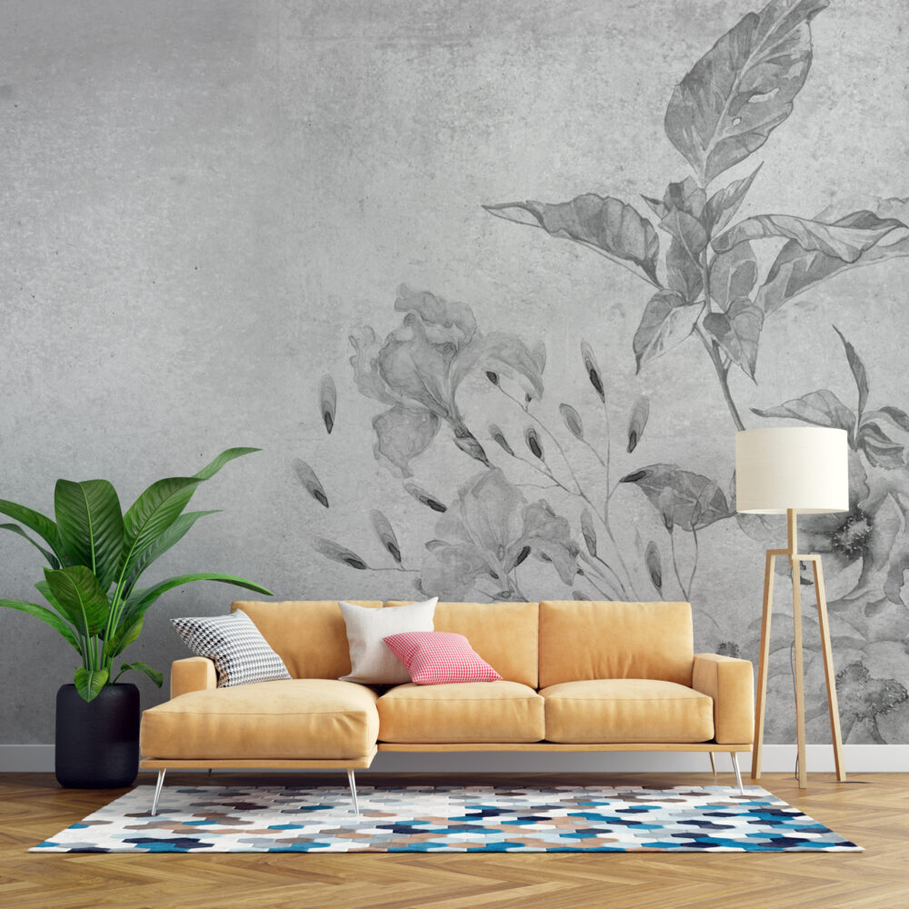 Faded Grey Iris Wallpaper : Distressed Plaster Floral Mural - View 5