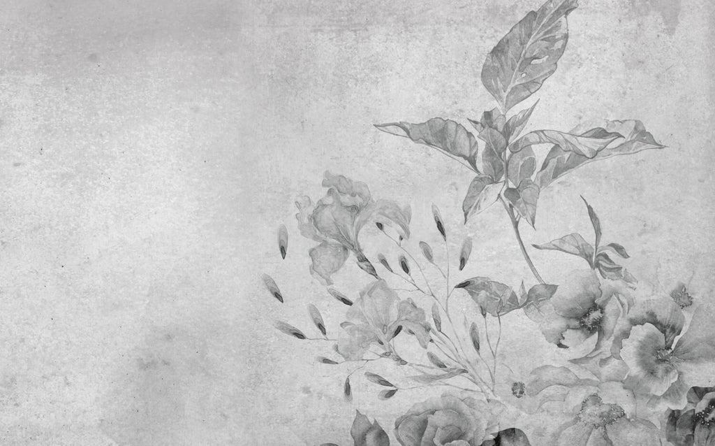 Faded Grey Iris Wallpaper : Distressed Plaster Floral Mural - View 2