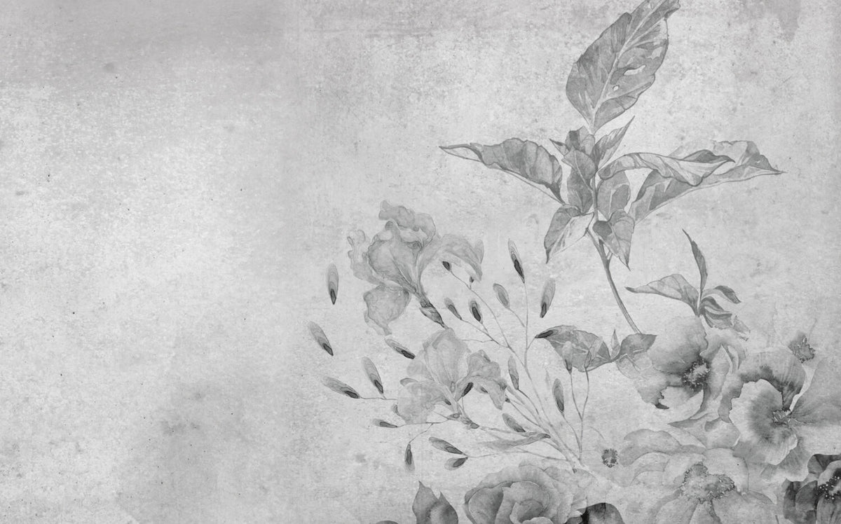 Faded Grey Iris Wallpaper : Distressed Plaster Floral Mural - View 2