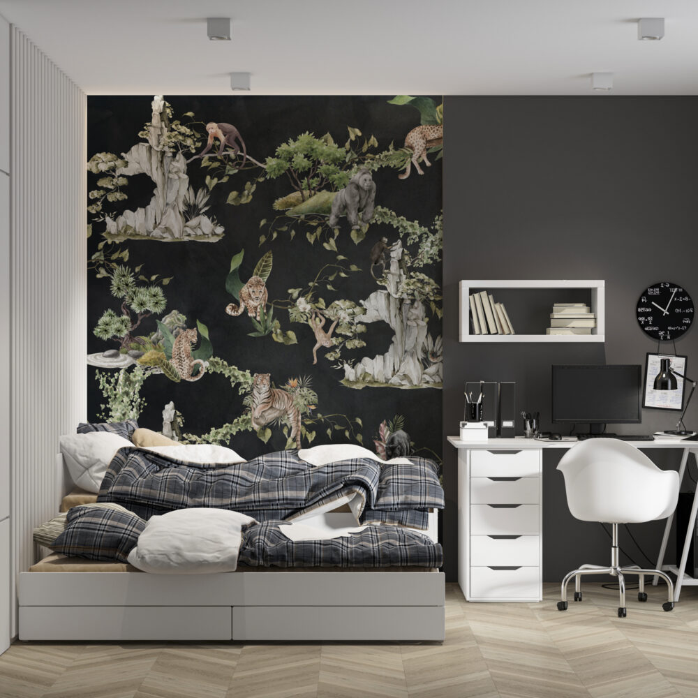 Black Jungle Animals Wallpaper : Tiger And Leopard Mural - View 6