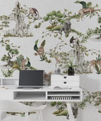 White Jungle Animals Wallpaper : Leopard And Monkey Mural
